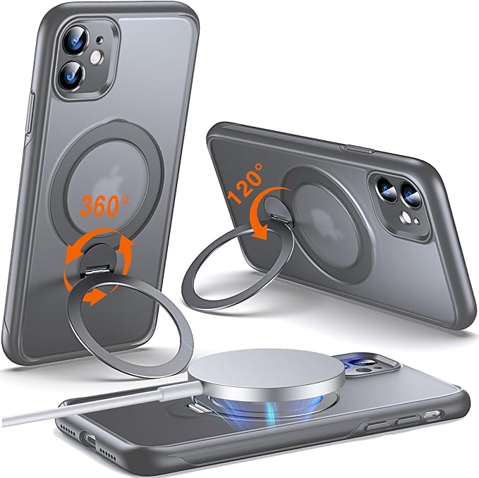 360° O-Ring MagStander for iPhone 11 Case with Magnetic Kickstand Ring Holder [Compatible with MagSafe][360°Rotate Stand Ring][Military Shockproof] Magnet iPhone 11 Phone Cover Matte Grey