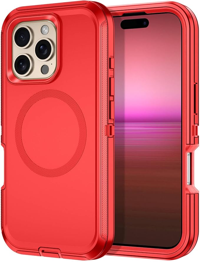 for iPhone 16 Pro Case [Compatible with MagSafe] Shockproof 3-Layer Full Body Protection [Without Screen Protector] Rugged Heavy Duty Cover Case for Apple iPhone 16 Pro 6.3",Red