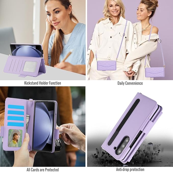 for Samsung Galaxy Z Fold 7 Wallet Case - Stitching Pattern RFID Blocking Card Holder, S Pen Slot Crossbody Strap, Full Body Protection Flip Cover for Women Purple