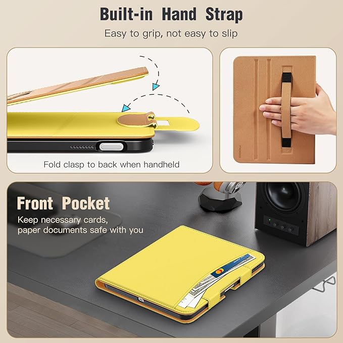 MoKo for iPad (A16) 11th Generation Case 11 inch 2025, iPad 10th Generation Case 10.9" 2022 with Pencil Holder & Pocket, Premium Leather Folio Stand Cover, Multiple Viewing Angles, Light Yellow