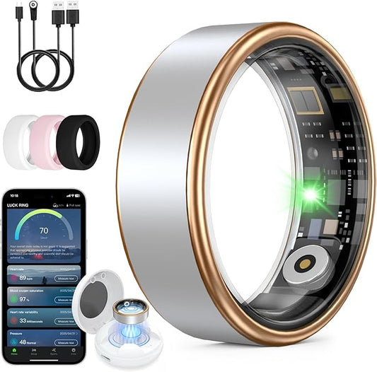 Smart Ring for Women Men, Health Fitness Tracker, IP68 Waterproof, Long Lasting Batteries Sleep Ring with Charging Case and Protector, Remote Photography, No App Fees (Silver, 8#)