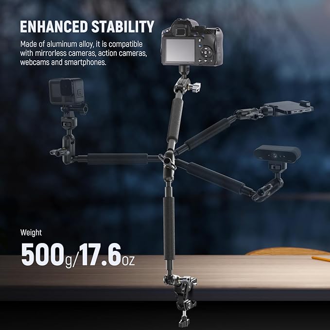 NEEWER 22" Magic Arm w Desk C Clamp, Overhead Camera Mount with Articulating Mic Boom Arm 1/4" 3/8" Threads for ARRI, Desktop Stand Holder for Phone Microphone Webcam Action Camera Video Light, UA057