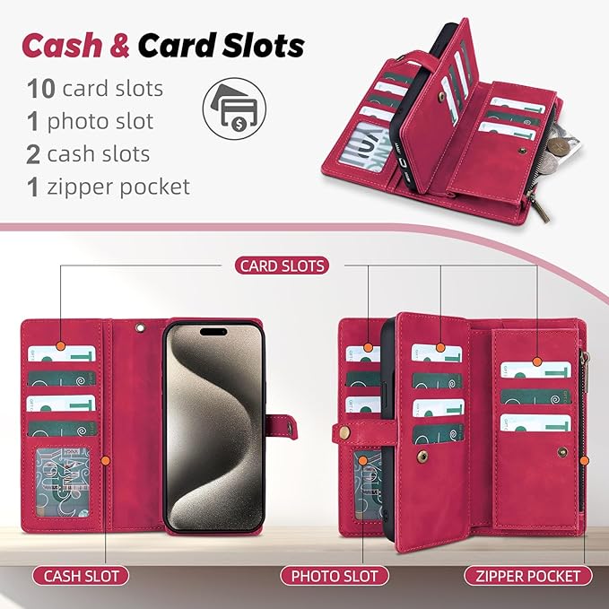 TwoHead Wallet Case Compatible with iPhone 15 Pro Max,Detachable Magnetic Phone Case,All-Round Shockproof Protective Leather Phone Case with Card Holder,6.7 in,Wine Red