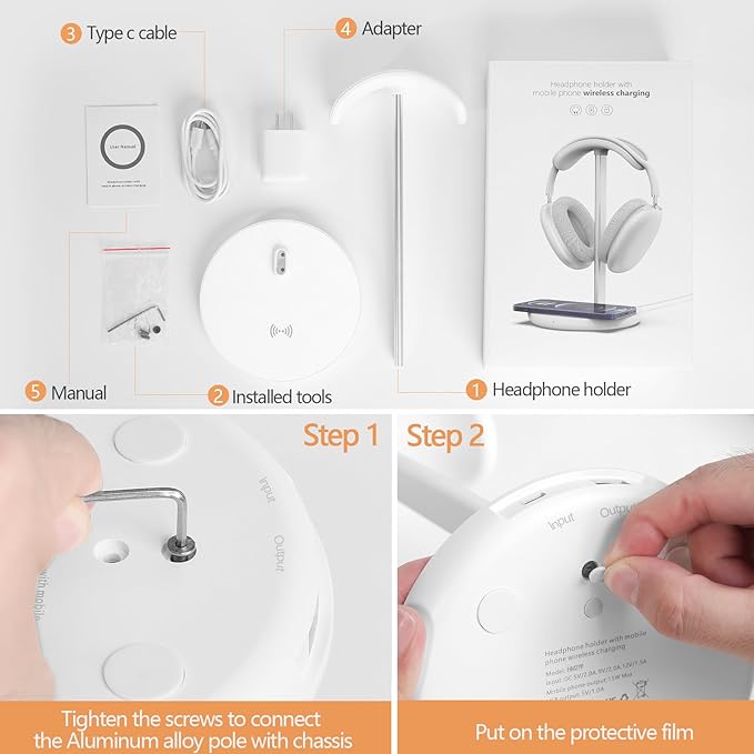 Headphone Stand with Wireless Charger, Gaming Headset Holder Hanger Rack 2 in 1 Wireless Charging Station Dock for iPhone 15/14/13/12/11 Series, AirPods Pro/3/2 and Desk All Headphones, White