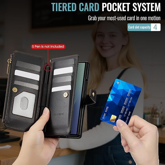 Vinich for Samsung Galaxy Z Fold 7 Wallet Case with Card Holder, Detachable Strap RFID Blocking Credit Slots Kickstand Shockproof Phone Cover for Women Men, Black