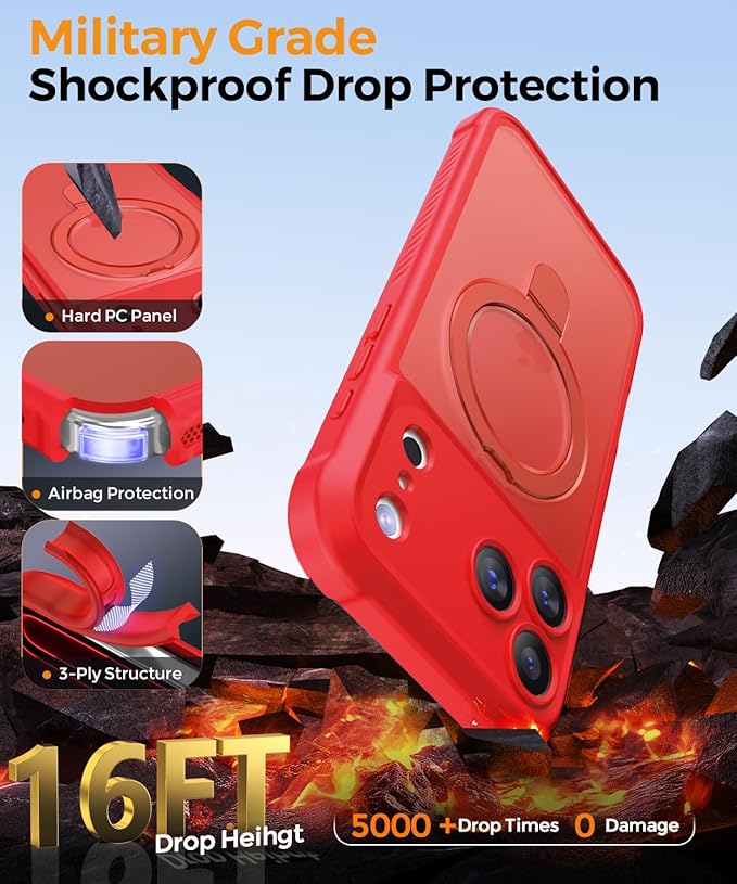 MOCCA Compatible with iPhone 17 Pro Case with Magnetic Invisible Stand [Full Camera Protection] [Compatible with Magsafe] Military Drop Shockproof Translucent Matte Phone Case Cover 6.3",Red