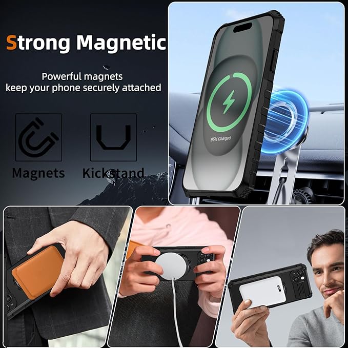 for iPhone 15 Case Compatible with MagSafe Magnetic,with 2 Tempered Glass Screen Protectors,Built-in 360°Kickstand Ring,Military Grade Drop Shockproof Heavy Duty Protection Phone Bumper Black