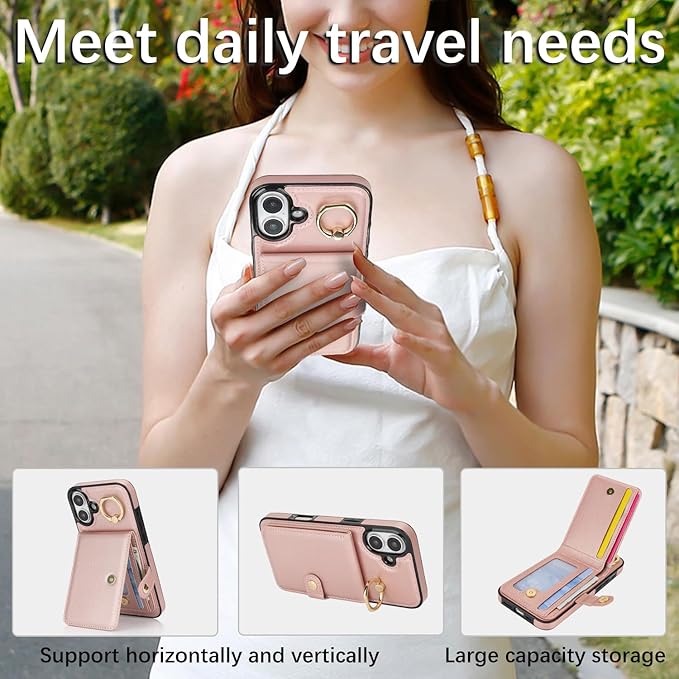 Compatible iPhone 16 Plus Wallet Case with Card Holder RFID Blocking PU Leather Doubles as a Wallet Unisex Flip Shockproof Protection with Card Slots Ring Wrist Kickstand Function,Rose Gold