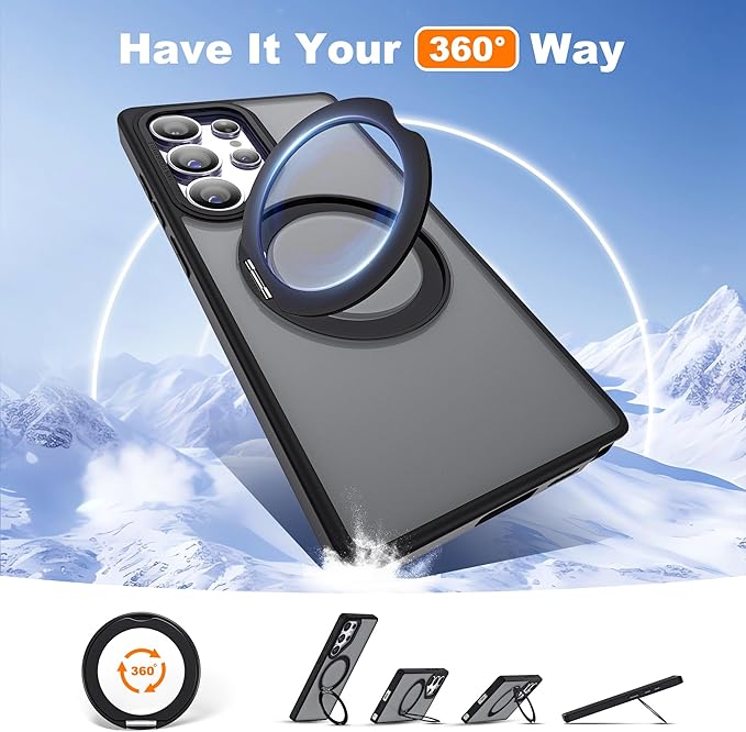 for Samsung Galaxy S25 Ultra Case with 360°Rotatable Magnetic Ring Stand Compatible with Mag-Safe Military Protection Shockproof Matte Translucent Phone Cases for S25 Ultra 6.9",Black