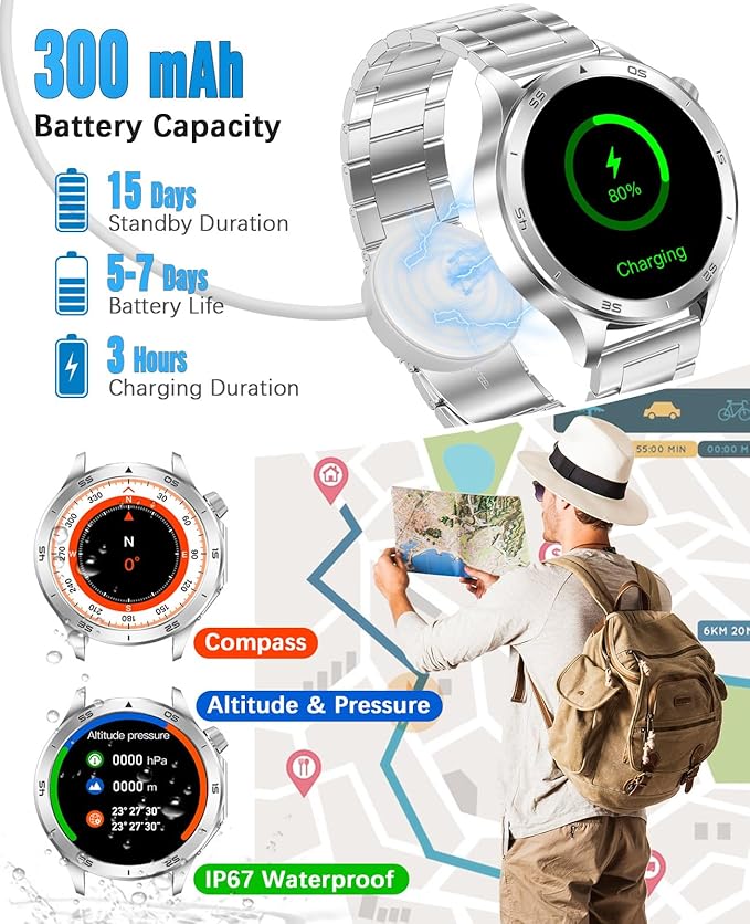 Smart Watch for Men, GPS Sports Mens Smartwatch, 1.53" HD Screen IP67 Waterproof, Answer/Make Call, Heart Rate Monitor, Sleep Tracking, Fitness Tracker, Compatible for Android iOS (Silver X2Max)