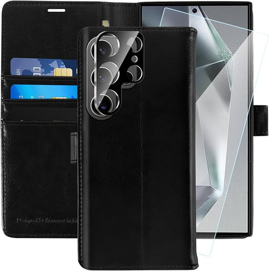 MONASAY Wallet Case Fit for Samsung Galaxy S24 Ultra 5G，[Lens & Glass Screen Protector] [RFID Blocking] Flip Folio Leather Cell Phone Cover with Credit Card Holder, 6.8 inch, Black