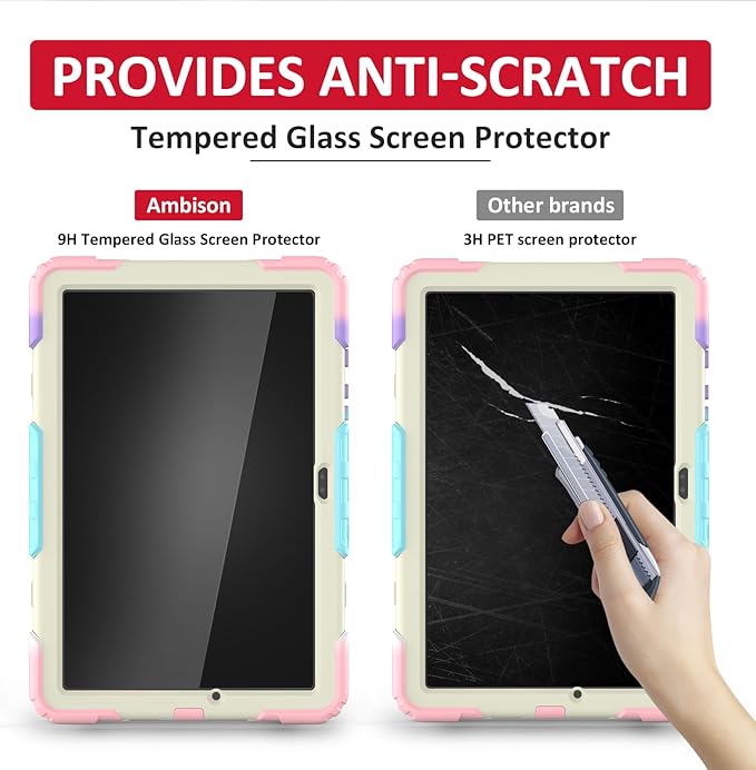 Ambison Case for Samsung Galaxy Tab A9+ Plus 11'' 2023, [Kids Proof] Full Body Protective Case with 9H Tempered Glass Screen Protector, 360° Rotatable Kickstand & Hand Strap (Light Pink)