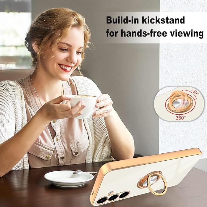 Dinick White for Samsung Galaxy S24+ Case with Ring Holder Kickstand [with Magnetic] Soft TPU Bumper, Glitter Gold Electroplated Cover Slim Thin Protective Phone Case for Galaxy S24 Plus