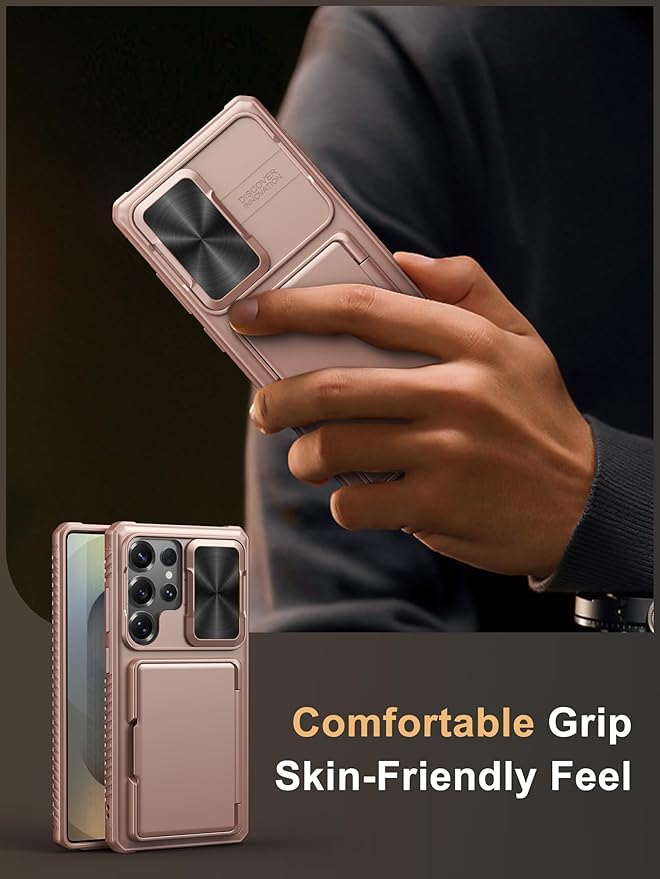 Vihibii for Samsung Galaxy S25 Ultra Case with Card Holder (4 Cards), [RFID Blocking] & Slide Camera Cover, Military Grade Drop Protection, Rugged Wallet Cover for Samsung Galaxy S25 Ultra, Rose Gold