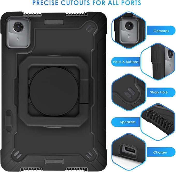 DETUOSI Case Compatible with Lenovo Tab M11/ K11 LTE 11 inch (TB-330FU/330XU), Full-Body Shockproof Protective Case with Shoulder Strap, 360 Rotating Stand Case for Lenovo Tab M11, Black