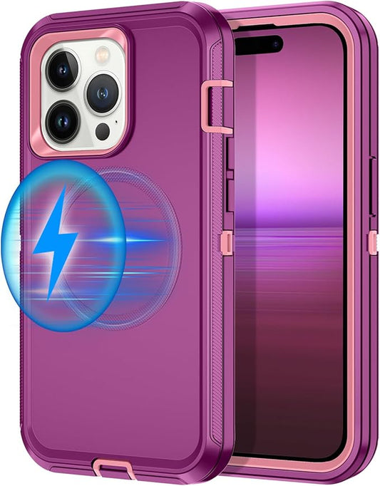 for iPhone 14 Pro Case [Compatible with MagSafe] Shockproof 3-Layer Full Body Protection Rugged Heavy Duty Cover Case for Apple iPhone 14 Pro 6.1",Purple/Pink