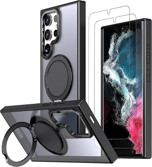 Magnetic Stand Case for Samsung Galaxy S24 Ultra 6.8" [with 2 Screen Protectors] [360° Rotation Magnetic Stand] [Compatible with Magsafe] Military-Grade Drop Protection Case, Black