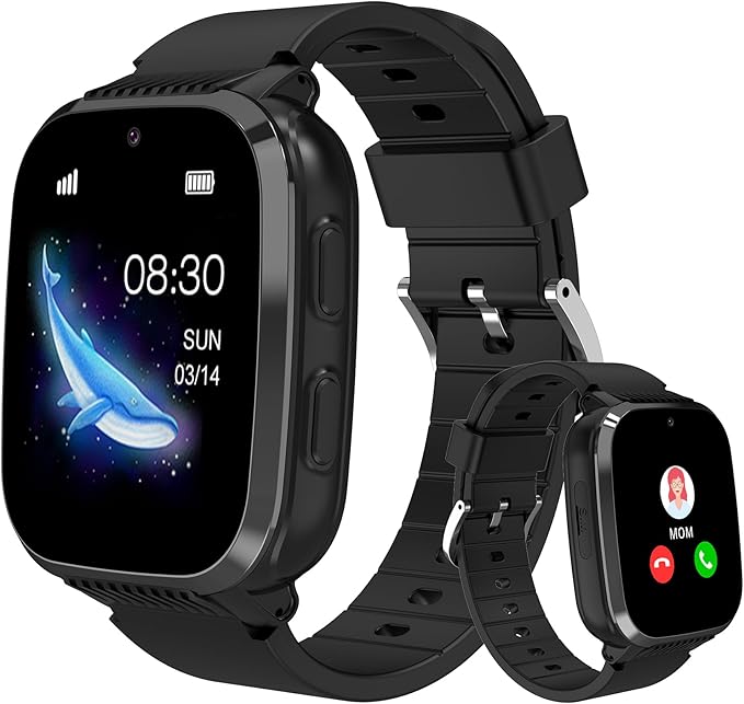 4G Kids Smart Watch Boys with GPS Tracker Video Calling Texting, Waterproof Smartwatches Age 5-13, One-Key SOS Call Voice Chat Cell Phone Watch with Alarm Clock Game HD Camera (Black)