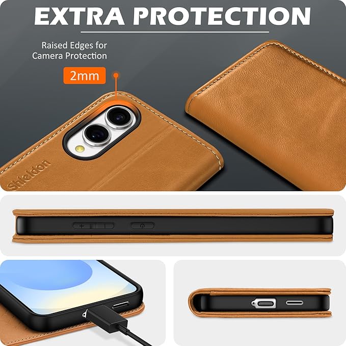 SHIELDON Case for Galaxy S25 Edge 5G 6.7", Genuine Leather Wallet Flip Book RFID Blocking Card Holder Kickstand Shock Absorbing Protection Case Compatible with Galaxy S25 Edge - Retro Light Brown