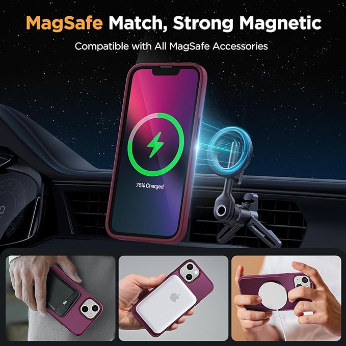 Miracase Magnetic for iPhone 13 Case 6.1 inch (Compatible with MagSafe)（with 2X Screen Protectors） Military-Grade Protection, Anti-Fingerprint Translucent Matte Phone Case Cover, Wine Red