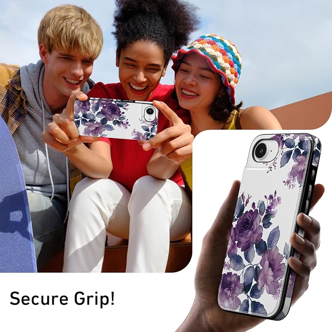 FUNMIKO for iPhone 16e Wallet Case with Card Holder, RFID-Blocking, Military-Grade Protection & UV-Printed Artwork, Magnetic Closure with Leather Kickstand - Elegant Purple Floral