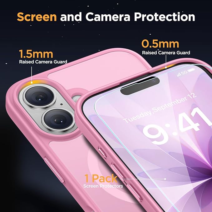 Miracase Magnetic for iPhone 17 Case (Compatible with MagSafe) with Screen Protector Military-Grade Protection, Anti-Fingerprint Translucent Matte Phone Cover for iPhone 17 6.3 inch, Mes-Pink