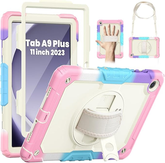 SEYMAC Case for Samsung Galaxy Tab A9+/ A9 Plus 11" (SM-X210/X216/X218), Heavy Duty Shockproof Protective Case with Screen Protector, Rotating Stand, Hand/Shoulder Strap, Pink