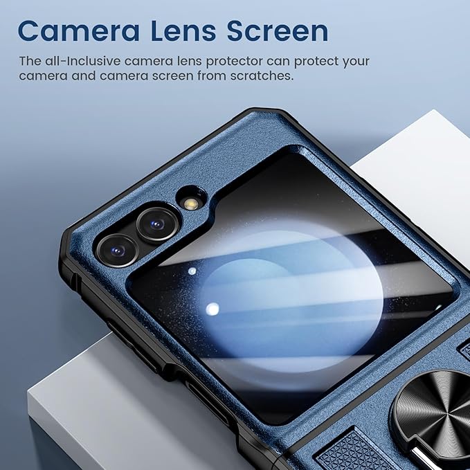 VEGO for Samsung Flip 5 Case with Belt Clip Holster, Hinge Protection with 360°Ring Magnetic Kickstand & Camera Screen Protector Heavy Duty Protective Armor Cover - Blue