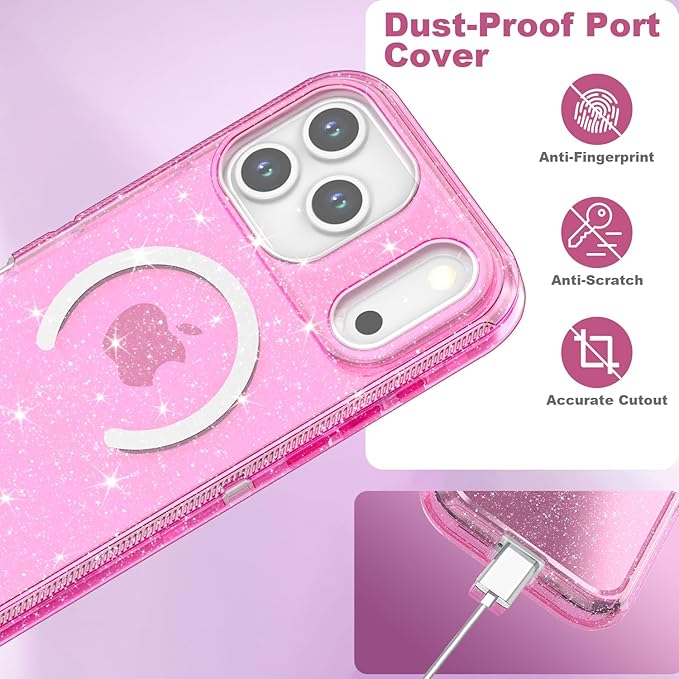 Designed for iPhone 17 Pro Max Case,[Compatible with Magsafe] [Non-Yellowing] [Without Screen Protector] Shockproof/Dust/Drop Proof 3-Layer Full Body Protection Rugged Heavy Duty Cover, Pink Glitter