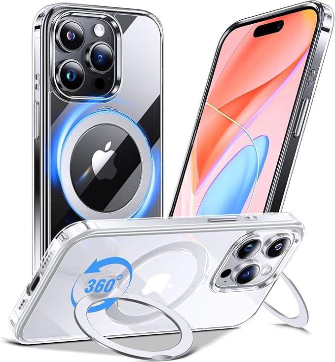 Anqrp 360° All-in-ONE Crystal Clear Case for iPhone 14 Pro with Rotatable Magnetic Stand, Compatible with Mag-Safe, Anti-Yellowing Transparent MIL-Grade Shockproof Phone Case Cover for iPhone 14 Pro