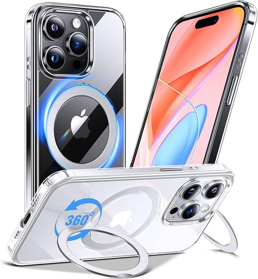 Anqrp 360° All-in-ONE Crystal Clear Case for iPhone 14 Pro with Rotatable Magnetic Stand, Compatible with Mag-Safe, Anti-Yellowing Transparent MIL-Grade Shockproof Phone Case Cover for iPhone 14 Pro