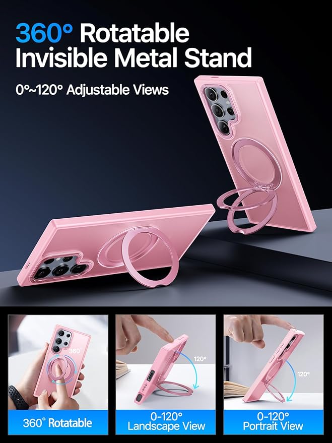 QTlier for Samsung Galaxy S24 Ultra - 360 Rotatable Magnetic Ring Stand Case, Military-Grade Protection, Raised Camera Frame, Pink