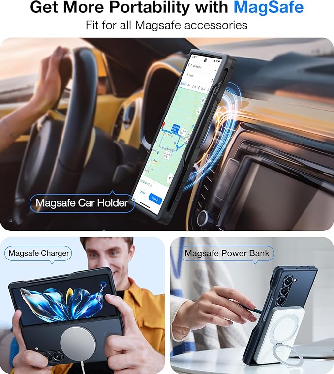 TORRAS Upgraded Magnetic Shockproof for Samsung Galaxy Z Fold 6 Case with S Pen Holder, [Fit for Magsafe] [Screen Protector Added] [Military Grade Drop Tested] Phone Case for Samsung Z Fold 6, Black