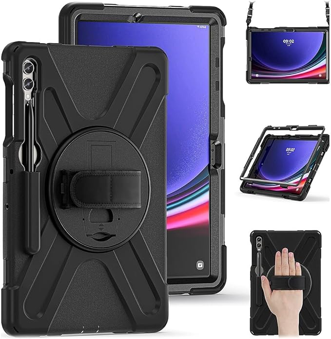 Sahara Defense-X Series Case for Samsung Galaxy Tab S10+, S9+, S9 FE+, S8+, Black, Rugged Shockproof Protective Cover with Hand Strap, Kickstand, Shoulder Strap, Hard Shell (TB00334)