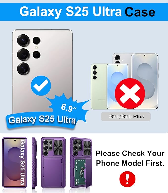 for Samsung Galaxy S25 Ultra Wallet Case, Card Holder (4-5 Cards), RFID Block, Slide Camera Cover & Military Grade Drop, Hard Heavy Duty Men Women Phone Case for Samsung Galaxy S25 Ultra, Purple