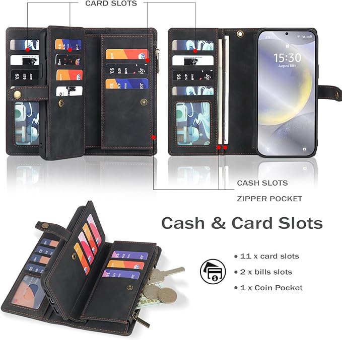 TwoHead Phone Case Wallet Compatible with Samsung Galaxy S24 Plus | Card Holder, Detachable, Magnetic, PU Leather, All-Round Protective, Phone Case Wallet, Wrist Strap,Black