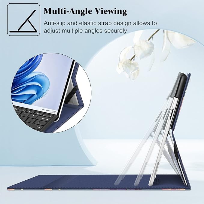 Fintie Case for 13 Inch Microsoft Surface Pro 11/10/9 - Multiple Angle Viewing Portfolio Business Cover with Pocket & Stylus Holder, Compatible with Type Cover Keyboard, Blooming Hibiscus