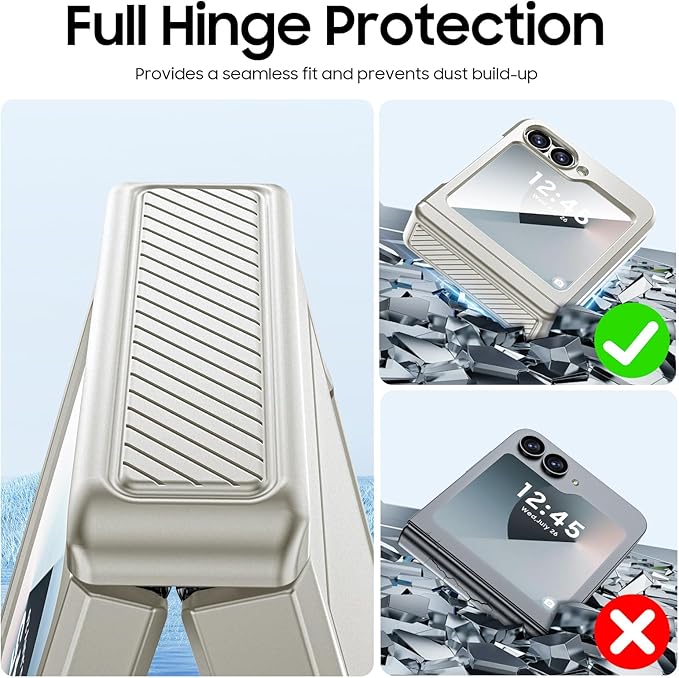 CENMASO for Samsung Galaxy Z Flip 6 Case/Z Flip 7 FE Case with Card Holder [RFID Blocking]& Hinge Protection & Screen Protector, Full-Body Shockproof Phone Case for Z Flip 6/Flip 7 FE-Natural Titanium