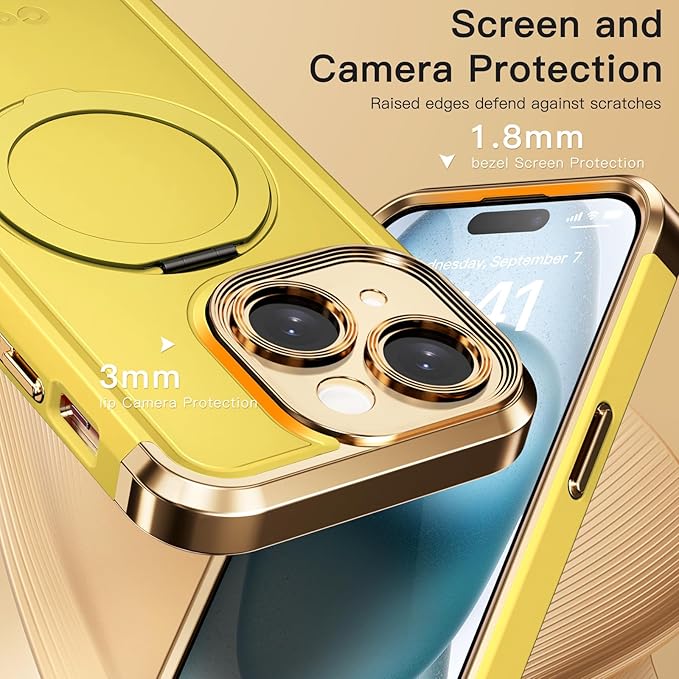 COOLQO for iPhone 15 Case 6.1'' Upgraded 360° Spin Magnetic Stand [Compatible with Magsafe][Military Protection] Plating Matte Scratch-Resistant Back Protective Shockproof Phone Case, Yellow Gold