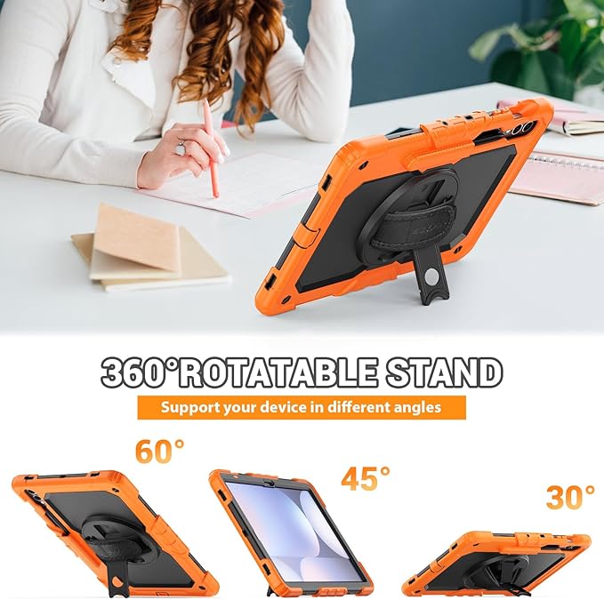 SEYMAC Case for Samsung Galaxy Tab S10+/S9 FE+/S9+ Plus 12.4" - Heavy Duty Shockproof Protective Case with Screen Protector, Stand, Hand/Shoulder Strap and Pen Holder, Orange