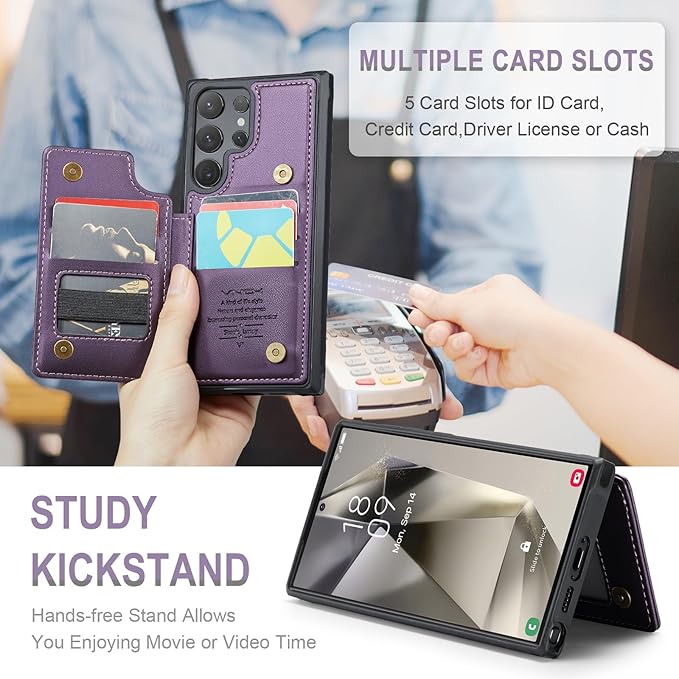 Vinich for Samsung Galaxy S25 Ultra Wallet Case with Card Holder, RFID Blocking Credit Slots Kickstand Shockproof Phone Cover for Women Men, Purple