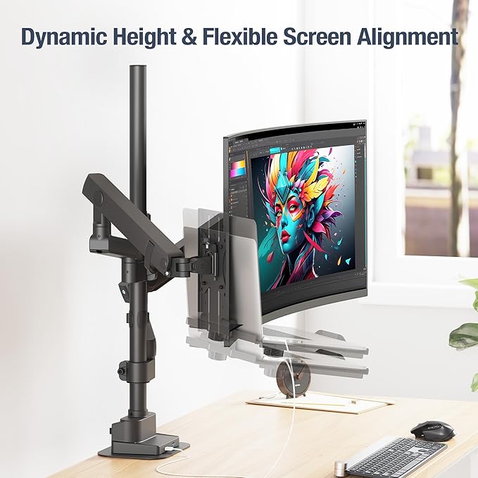 AVLT Laptop & 40 Inch Monitor Arm Pole Top Mount With USB-C USB-A Ports-Black, VESA Compatible, Supports 26.4 lbs (12 kg), Ultrawide Screen Fit, Adjustable Height, Tilt Swivel Rotate, Cable Management