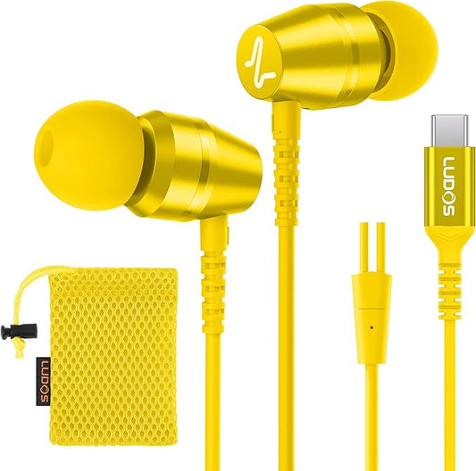 LUDOS OMNITONE USB C Headphones for iPhone 16 15 Pro Max Plus iPad Pro, 5 Years Warranty, USB-C Earbuds for Galaxy S24 S23 S22 S21 S20 A55 A54 A53, USB Type C Earphones - Yellow