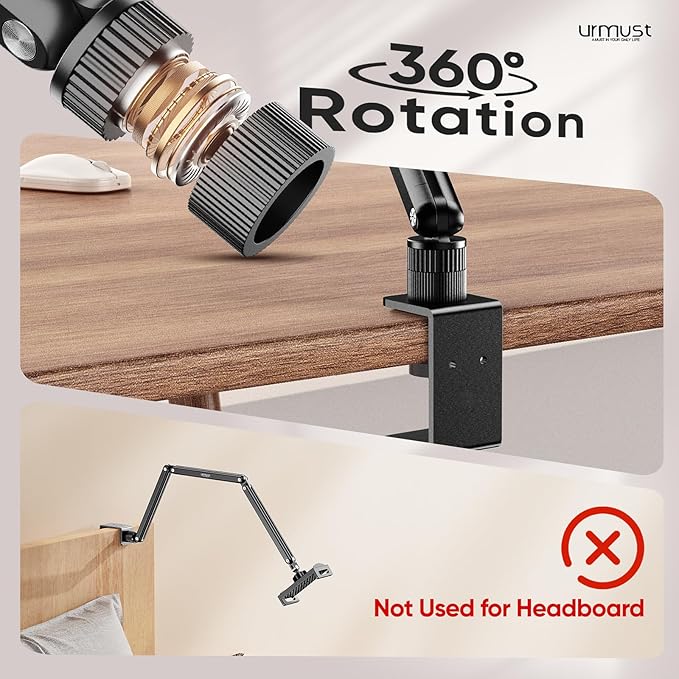 Urmust Tablet Stand for Desk, Adjustable iPad Holder Clamp Mount, 360° Rotation, Sturdy Aluminum Tablet Arm Mount for 4.7"-13" iPad Pro/Air/Mini, iPhone, Galaxy Tab, for Kitchen, Work, Video Call