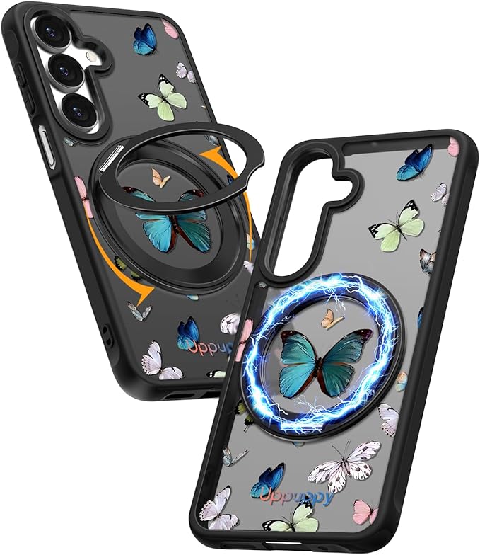 for Samsung Galaxy A16 4G/5G Case with 360° Rotatable Magnetic Ring - Semi-Transparent Anti-Fingerprint Soft-Touch Material Shockproof, Cute Butterfly Design for Women Girl
