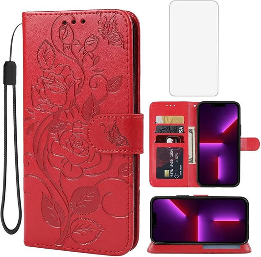 Case for iPhone 13 Case, iPhone 14 Wallet Case with Tempered Glass Screen Protector, Flower Leather Flip Credit Card Holder Stand Phone Cover Cases for iPhone 14 Red
