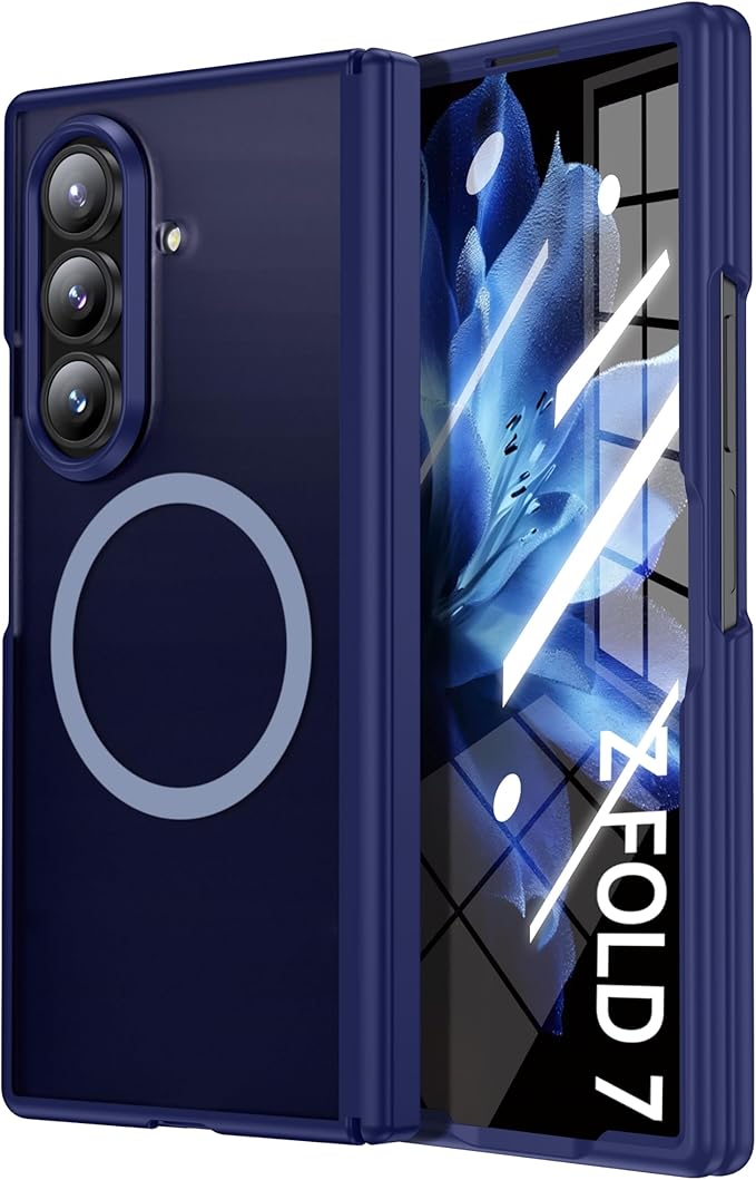 for Samsung Galaxy-Z-Fold-7 Magnetic Case: Compatible with Magsafe & Built-in Hinge Protection & HD Screen Protector - Lightweight Durable Translucent Matte Phone Cover for Z Fold7 5G 2025 (Blue)
