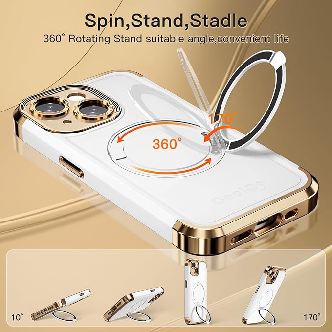 COOLQO for iPhone 15 Plus Case 6.7'' Upgraded 360° Spin Magnetic Stand [Compatible with Magsafe][Military Protection] Shockproof Protective Phone Holder Cover for iPhone 15 Plus, White Gold