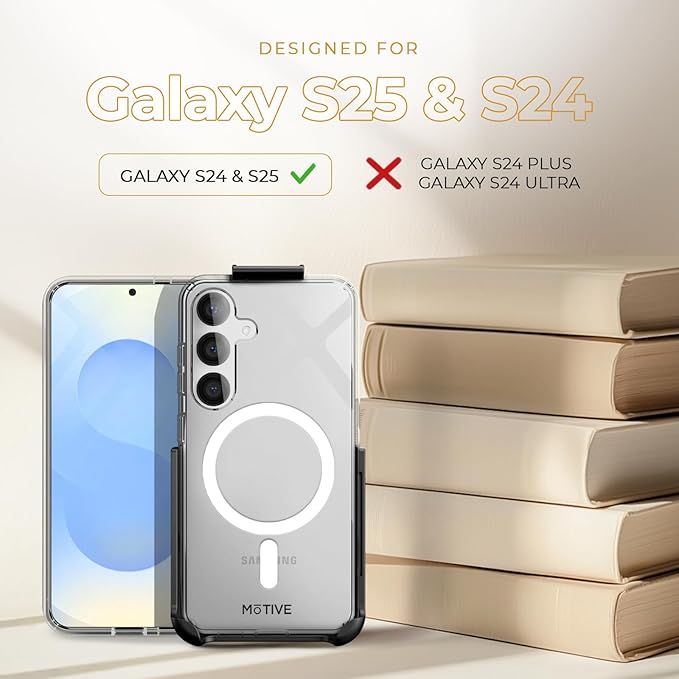 MOTIVE Designed for Samsung Galaxy s25 Case with Belt Clip, Clear Case Magnetic Compatible with MagSafe, Slim Cover, Drop Tested s25 Holster Case 6.2” | Clear [Fits s24 Phone]