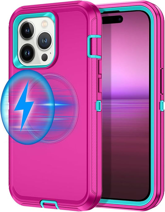 for iPhone 14 Pro Case [Compatible with MagSafe] Shockproof 3-Layer Full Body Protection Rugged Heavy Duty Cover Case for Apple iPhone 14 Pro 6.1",Rose Red/Green
